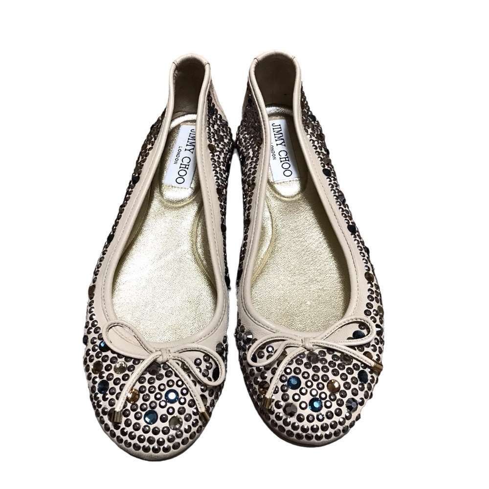 Jimmy Choo Suede Ballerina Flats Crystal Stones Bow Nude Tan US 5 Classic
